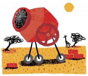 illustration empty cement mixer in African landscape