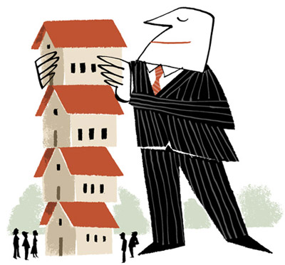 Illustration of a businessman stacking small houses into a tower - humorous line drawing by Michel Streich