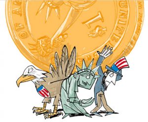 Illustration of Uncle Sam, Lady Liberty and a giant eagle grumpily carrying a dollar coin - humorous line drawing by Michel Streich