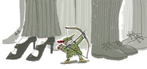 Illustration of a tiny Robin Hood threatening very large people in business suits with his bow and arrow - humorous line drawing by Michel Streich