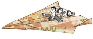 Illustration of a family flying in a paperplane folded out of bank notes - humorous line drawing by Michel Streich