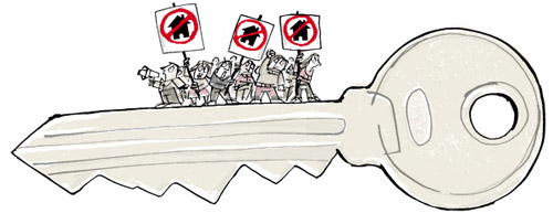 Illustration of angry people with signs on top of a giant house key - humorous line drawing by Michel Streich