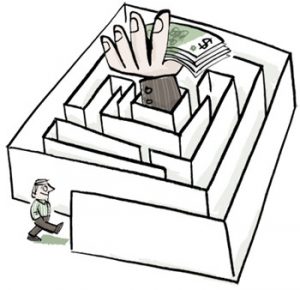 Illustration of a man entering a maze with a stack of cash on the inside - humorous line drawing by Michel Streich