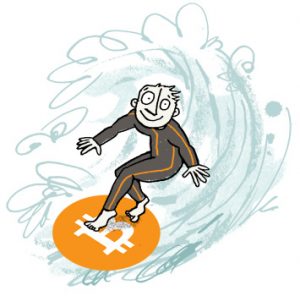 Illustration of a surfer with the Bitcoin logo as a surfboard, riding a wild wave - humorous line drawing by Michel Streich