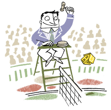 Illustration tennis referee at match with the tennis ball in the shape of a house - humorous line drawing by Michel Streich