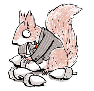 Illustration squirrel in a busines suit collecting acorns - humorous line drawing by Michel Streich