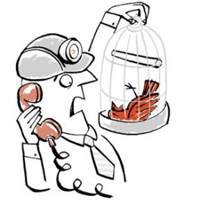 Illustration of a miner holding bird cage with a dead canary - humorous line drawing by Michel Streich