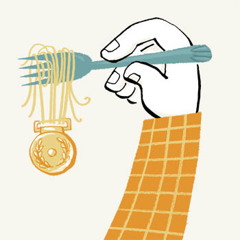 Illustration of a hand holding a fork with spaghetti whcih has a medal attached to it - humorous line drawing by Michel Streich