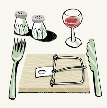 Illustration of a table setting with salt and papper, cutlery, a glass of wine and a rat trap instead of a plate - humorous line drawing by Michel Streich