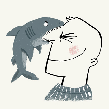 illustration of a Greenland shark biting the nose of a smiling young man