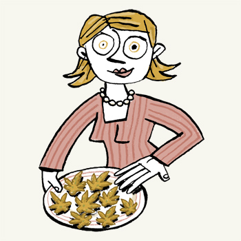 Illustration of a stoned housewife with pearl necklace, presenting a plate cookies / biscuits shaped like cannabis leaves - humorous line drawing by Michel Streich