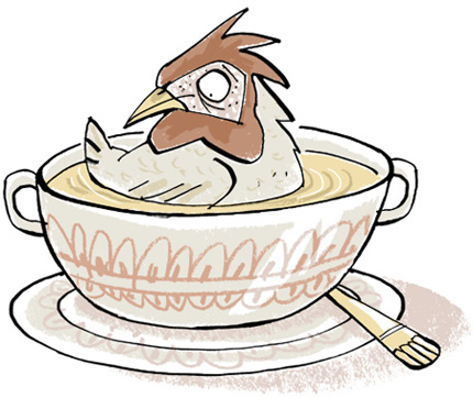 illustration of a chicken sitting in a soup bowl - humorous line drawing by Michel Streich