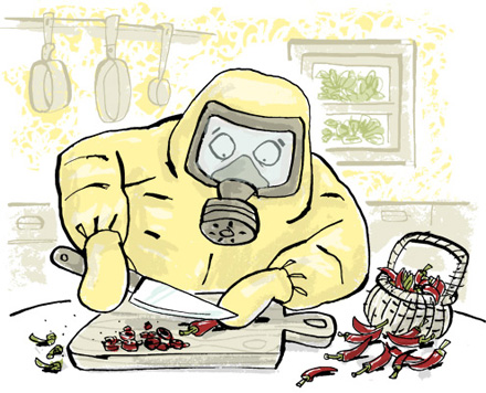 Illustration of a person ina hazmat suit, chopping chilies with a knife - humorous line drawing by Michel Streich