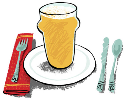 Illustration of a pint of beer on a plate with cutlery and napkin - humorous line drawing by Michel Streich