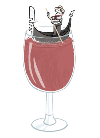 Illustration of a Venetian gondola bobbing in a glass of red wine - humorous line drawing by Michel Streich
