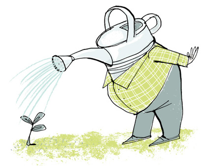 Illustration of a gardener with a watering can as a head - humorous line drawing by Michel Streich