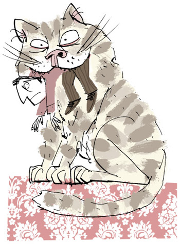 Illustration of a cat with a small human in its mouth - humorous line drawing by Michel Streich