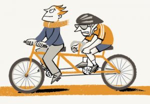 Illustration of a tandem cycle ridden by a relaxed man with scarf and an angry cyclist wearing racing gear - humorous line drawing by Michel Streich