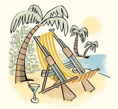 Illustration of a sun chair made out of old guns, sitting on a beach - humorous line drawing by Michel Streich