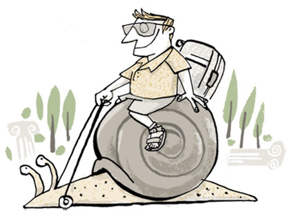 illustration of a tourist in shorts riding a giant snail - humorous line drawing by Michel Streich