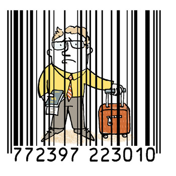 Illustration of a traveller caged in a bar code