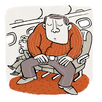 Illustration of a large, muscular man in an aeroplane seat, squashing another passenger - humorous line drawing by Michel Streich