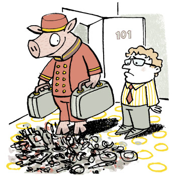 Illustration of a pig in hotel porter's uniform putting down suitcases in a patch of rubbish - humorous line drawing by Michel Streich