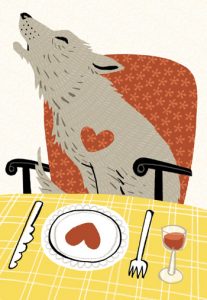 Illustration of a howling wolf sitting on an armchair in front of dinner - humorous line drawing by Michel Streich