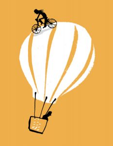 Illustration of a hot air balloon with a cyclist riding on top of the balloon - humorous line drawing by Michel Streich