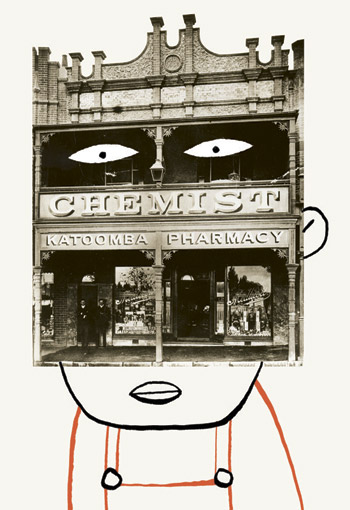 Collage of a man with the face of an antique photo of a chemist store in Katoomba - humorous line drawing illustration by Michel Streich