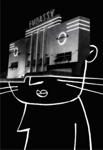 Collage with cinema entrance as the face of a cat - humorous line drawing illustration by Michel Streich