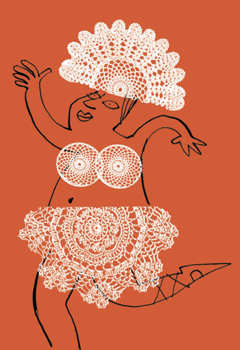 Person dressed in doilies dancing - humorous line drawing illustration by Michel Streich