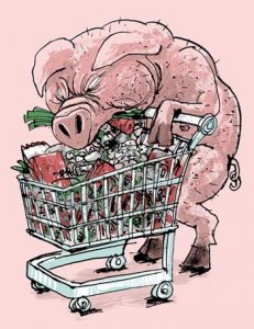 Pig gorging himself from a full supermarket trolley - humorous line drawing by Michel Streich