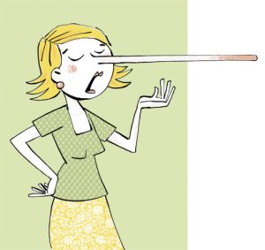 Illustration of a talking woman with a long Pinocchio nose - humorous line drawing by Michel Streich