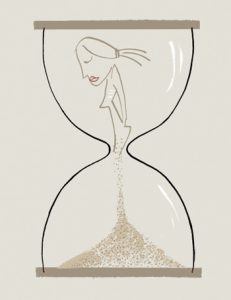 Line drawing illustration of a girl in the top of an hourglass slowly dribbling into the bottom of the hourglass - by Michel Streich