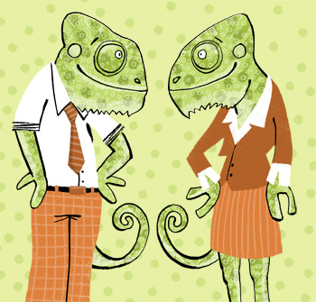 Illustration of two chameleons in clothes facing each other - humorous line drawing by Michel Streich