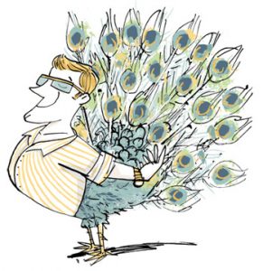Illustration of a peacock with the upper body of a man - humorous line drawing by Michel Streich