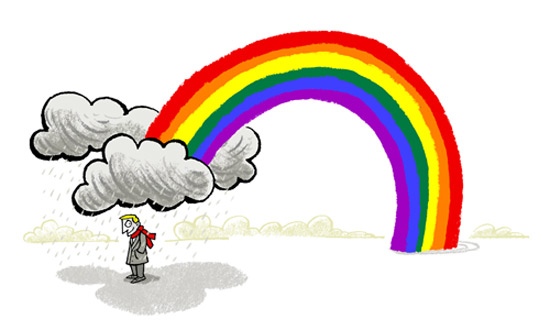 Illustration of a young man standing under a rain cloud, out of which a rainbow emerges - humorous line drawing by Michel Streich
