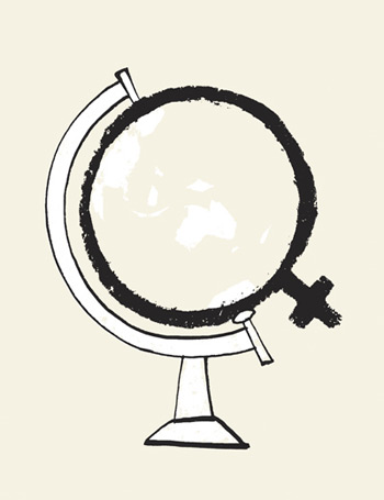 Illustration of a "female" symbol in the shape of a world globe - humorous line drawing by Michel Streich