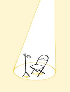 Illustration of a spotlight lighting up an empty chair and microphone on an stage - humorous line drawing by Michel Streich