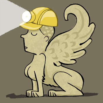 Illustration of a Babylonian Lamassu statue wearing a hardhat with miner's lamp - humorous line drawing by Michel Streich