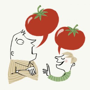 Illustration of a father and sun talking, with two tomatoes as speech bubbles: "You say tomato..." - humorous line drawing by Michel Streich