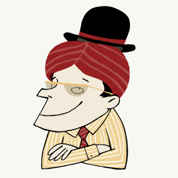 Smiling man with sungalasses wearing an Indian turban and an English bowler hat - humorous line drawing by Michel Streich