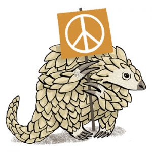Illustration of a Vietnamese pangolin holding a peace sign - humorous line drawing by Michel Streich