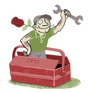 Illustration of a tattooed handyman with tools emerging from a toolbox, a rose bewteen his teeth - humorous line drawing by Michel Streich