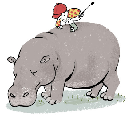 Illustration of a jockey trying to whip a hippo to run - humorous line drawing by Michel Streich