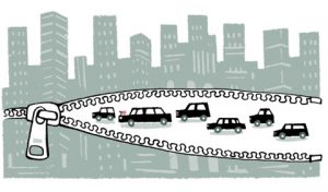 Illustration of a city which opens with a zip for a motorcade - humorous line drawing by Michel Streich
