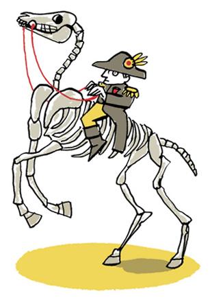 Illustration of Napoleon riding the skeleton of his horse Marengo - humorous line drawing by Michel Streich