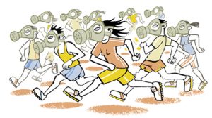Illustration of a group of marathon runners wearing gas masks - humorous line drawing by Michel Streich