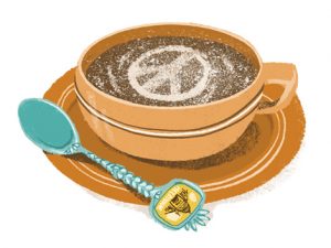 Illustration of a cup of coffee with a peace sign as coffee art - humorous line drawing by Michel Streich